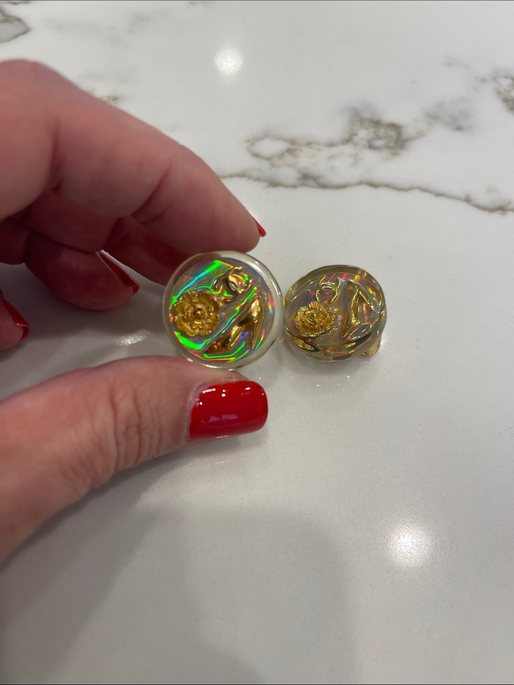 Authentic CHANEL Floral Holographic Round Statement Earrings - Women Jewelry